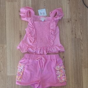 Baby Sara Pink Ruffled Top and Shorts Set. Size 3T, never worn